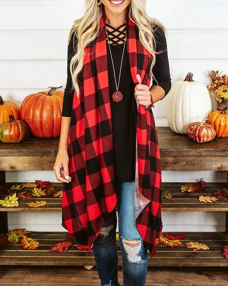 Womens Plaid Open Front Cardigan Sleeveless Drape Lightweight Vest Coat with Pockets