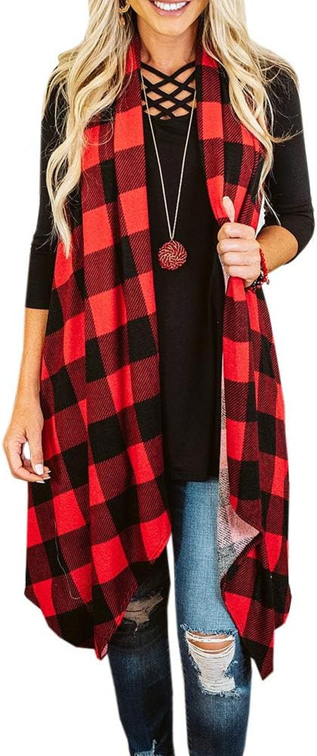 Womens Plaid Open Front Cardigan Sleeveless Drape Lightweight Vest Coat with Pockets