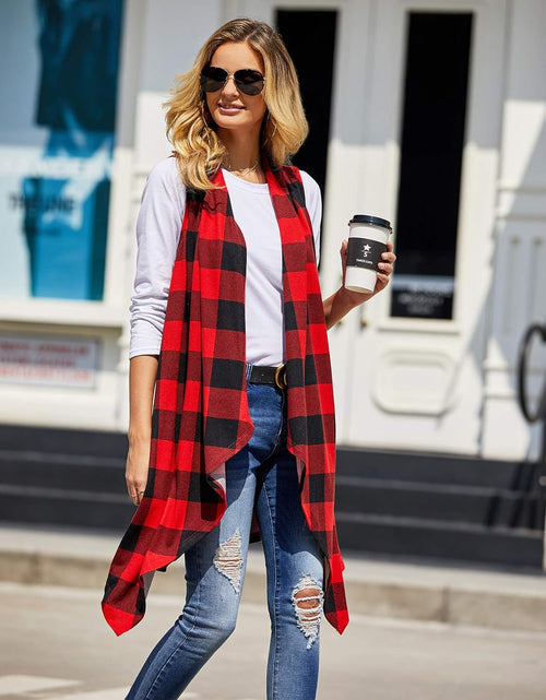 Load image into Gallery viewer, Womens Plaid Open Front Cardigan Sleeveless Drape Lightweight Vest Coat with Pockets
