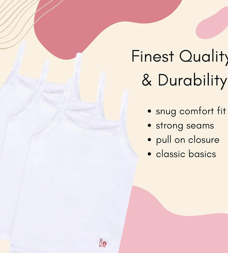 Girls Solid White Snug Fit Tagless Cami Vest - 100% Cotton Super Soft Undershirts (3/Pack)