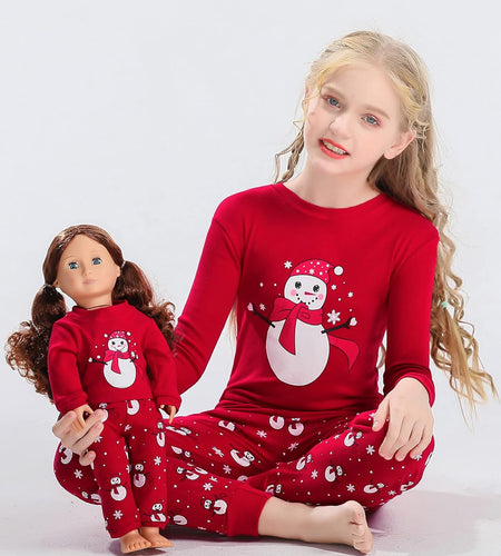 Girls Matching Doll&Toddler 4 Piece Cotton Pajamas Toddler Christmas Sleepwear
