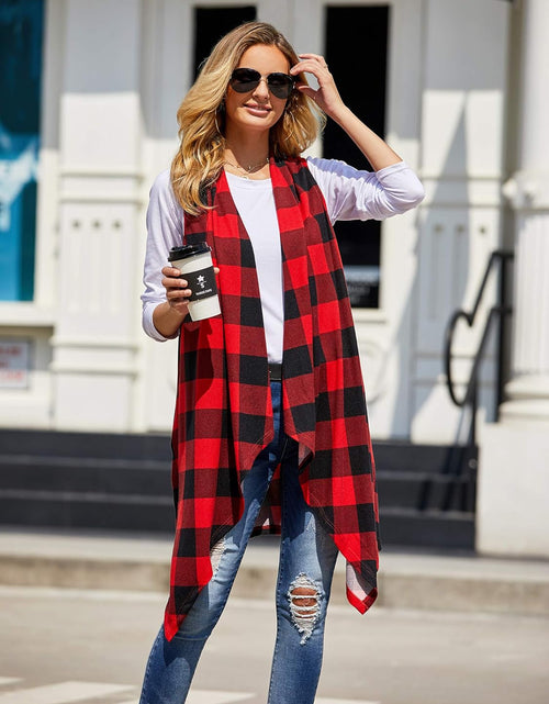 Load image into Gallery viewer, Womens Plaid Open Front Cardigan Sleeveless Drape Lightweight Vest Coat with Pockets
