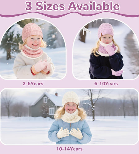 3Pcs Kids Winter Beanie Hat Scarf Gloves Set for 2-6-10-14 Years Old Boys Girls, Knit Thick Warm Fleece Lined Thermal Sets