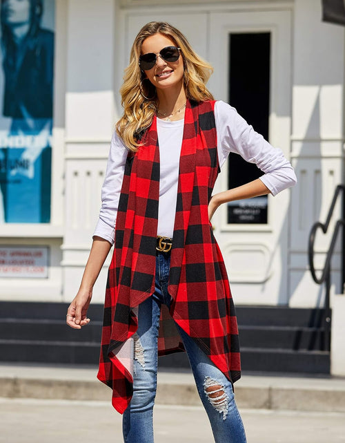 Load image into Gallery viewer, Womens Plaid Open Front Cardigan Sleeveless Drape Lightweight Vest Coat with Pockets
