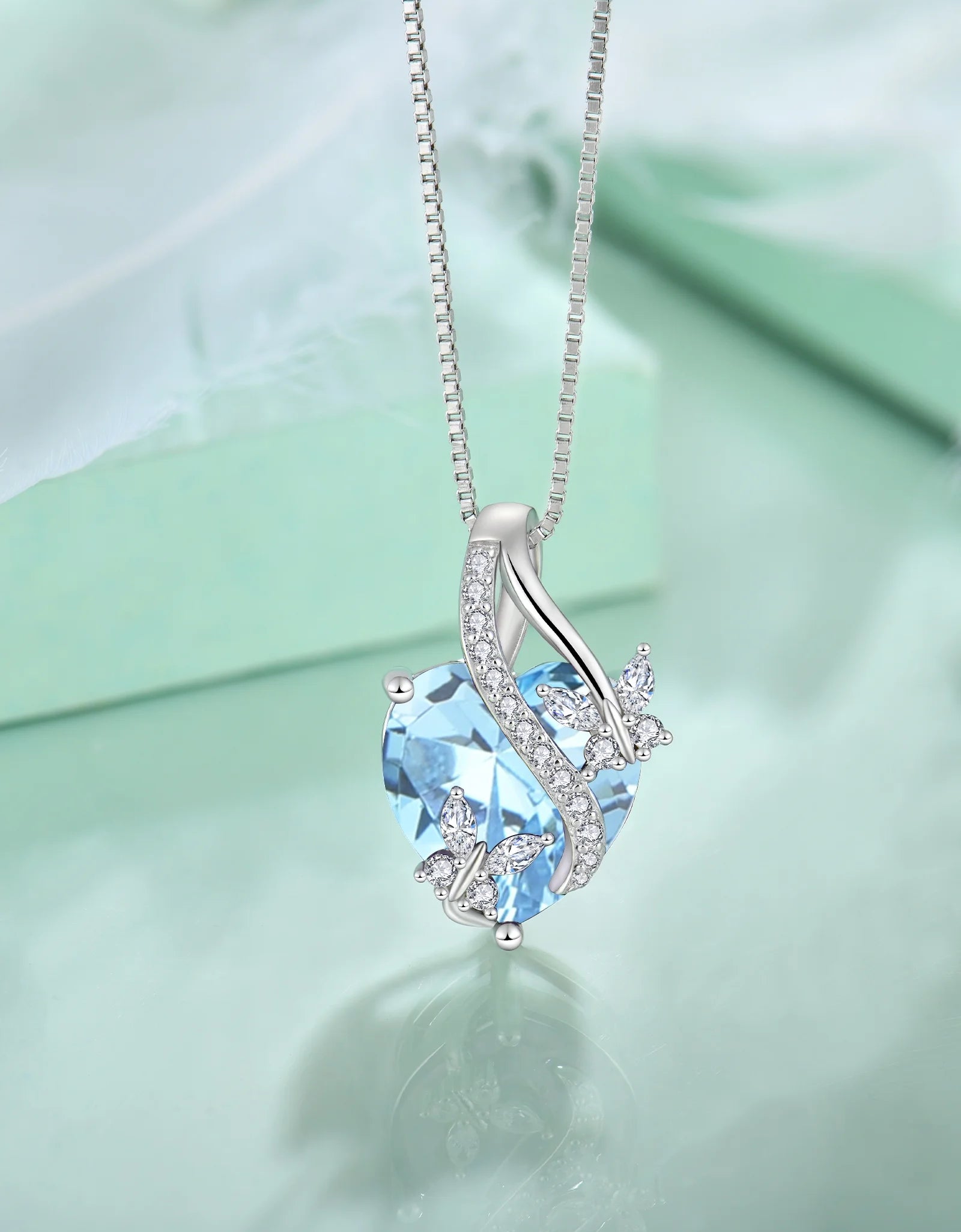 Infinite Heart Pendant Sterling Silver Butterfly Necklace for Women Jewelry Gift with Birthstone March Created Aquamarine