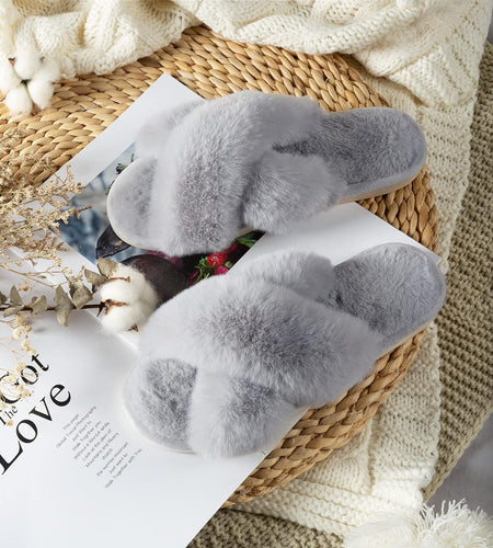 Women'S Cross Band Slippers Soft Plush Furry Cozy Open Toe House Shoes Indoor Outdoor Faux Rabbit Fur Warm Comfy Slip on Breathable