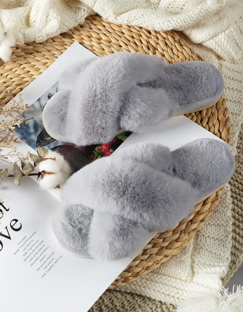 Load image into Gallery viewer, Women'S Cross Band Slippers Soft Plush Furry Cozy Open Toe House Shoes Indoor Outdoor Faux Rabbit Fur Warm Comfy Slip on Breathable
