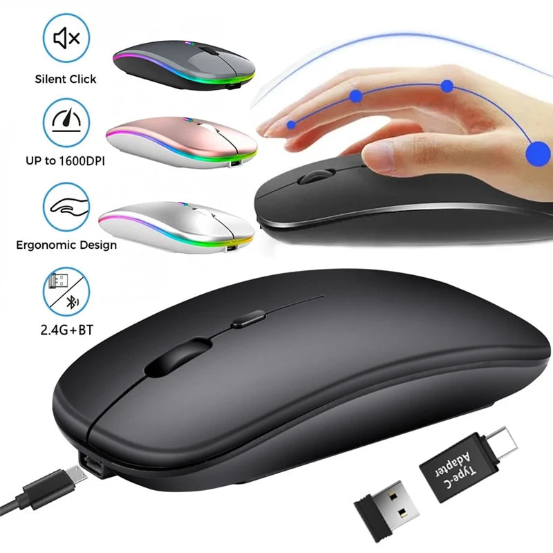 Rechargeable Wireless Mouse Bluetooth-Compatible 2.4Ghz Dual Modes Computer Mice with Nano Receiver for PC Laptop Macbook