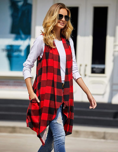 Load image into Gallery viewer, Womens Plaid Open Front Cardigan Sleeveless Drape Lightweight Vest Coat with Pockets
