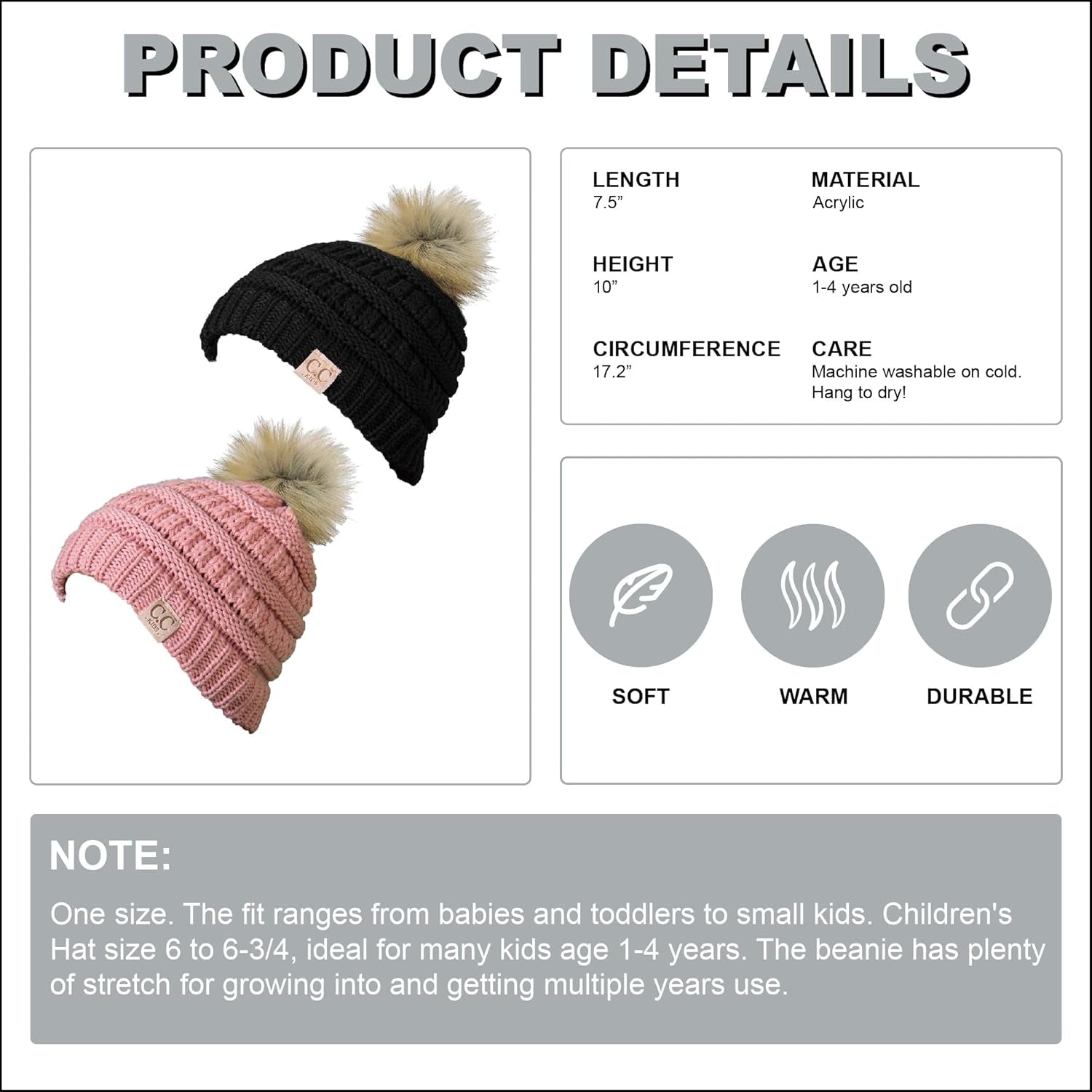 Kids Beanie Baby Toddler Cable Knit Children’S Pom Winter Hat