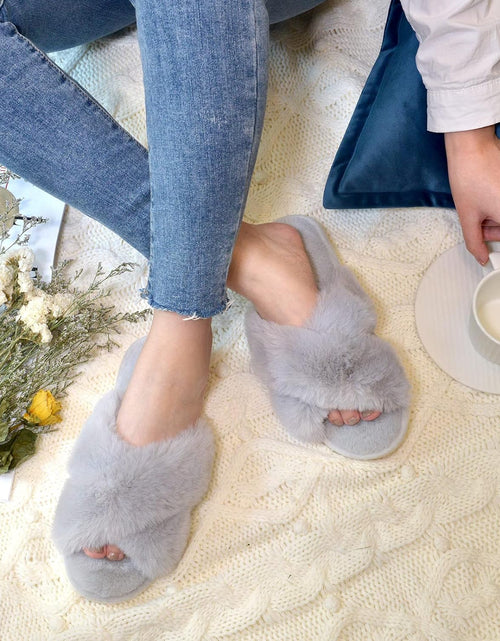 Load image into Gallery viewer, Women'S Cross Band Slippers Soft Plush Furry Cozy Open Toe House Shoes Indoor Outdoor Faux Rabbit Fur Warm Comfy Slip on Breathable
