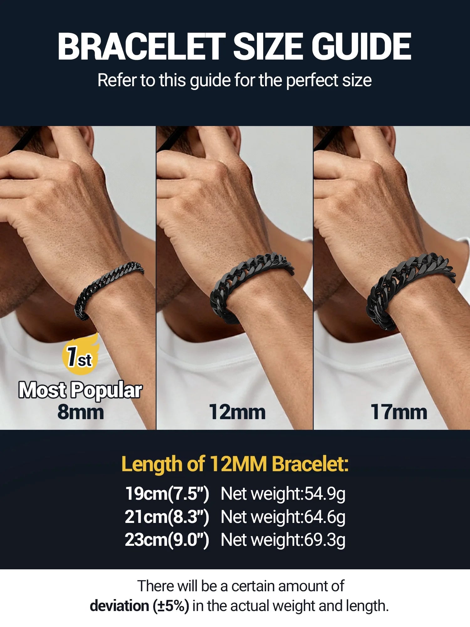 12Mm Cuban Chains Bracelets for Men Black Chunky Stainless Steel Franco Link Bracelet Father Day Hand Bracelet Jewelry Birthday Valentine Graduation Gifts 7.5 Inch