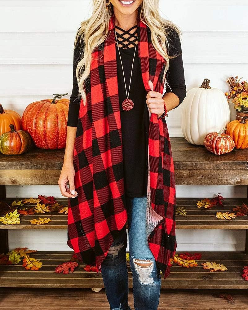 Womens Plaid Open Front Cardigan Sleeveless Drape Lightweight Vest Coat with Pockets
