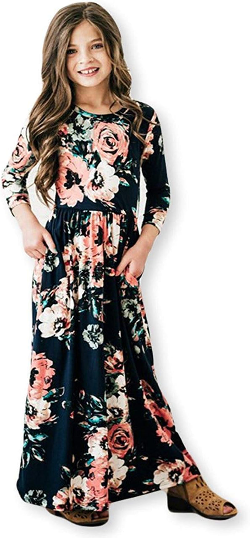 Girl Maxi Dress Floral Long Dresses with Pocket for Girls 6-12 Years