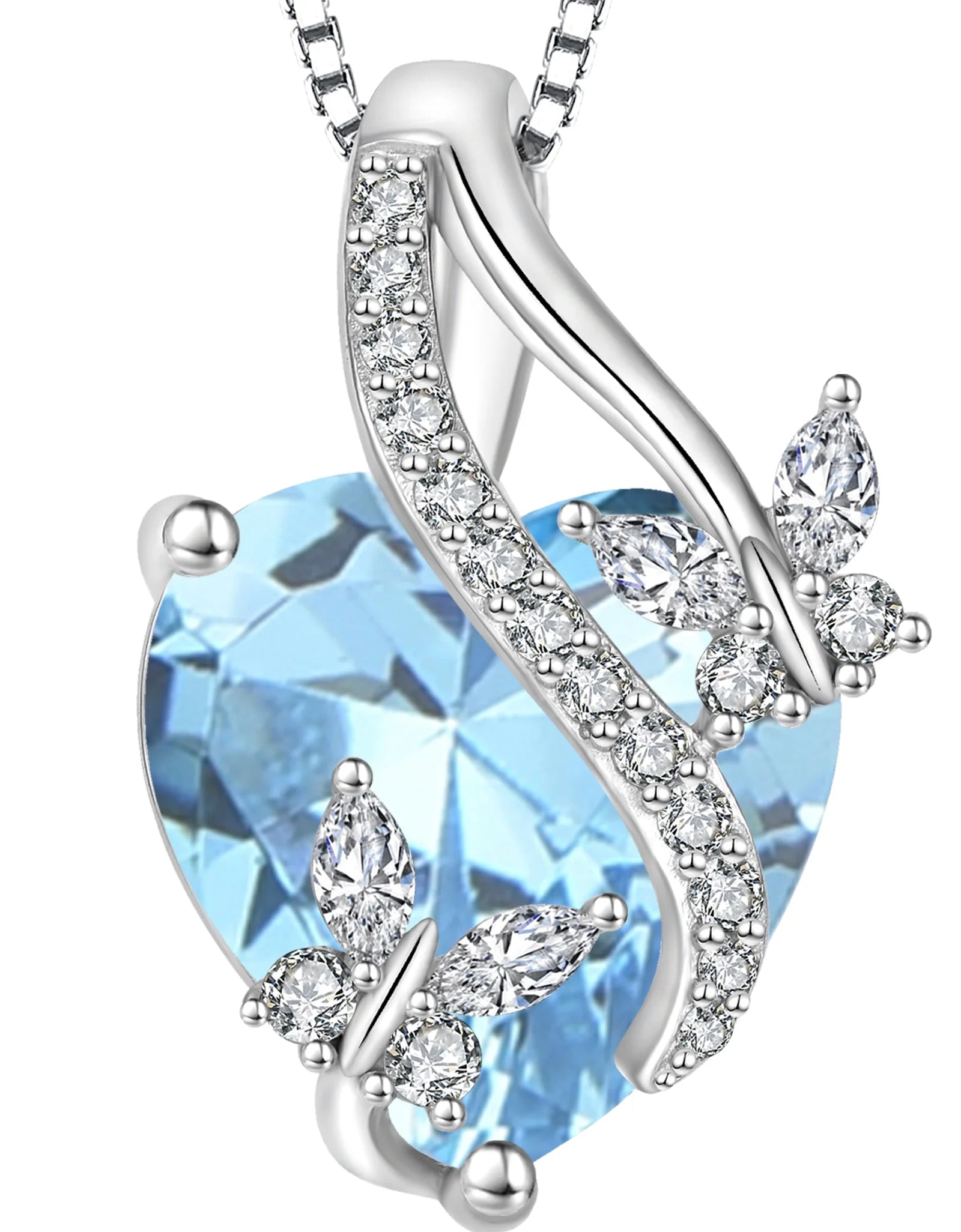 Infinite Heart Pendant Sterling Silver Butterfly Necklace for Women Jewelry Gift with Birthstone March Created Aquamarine