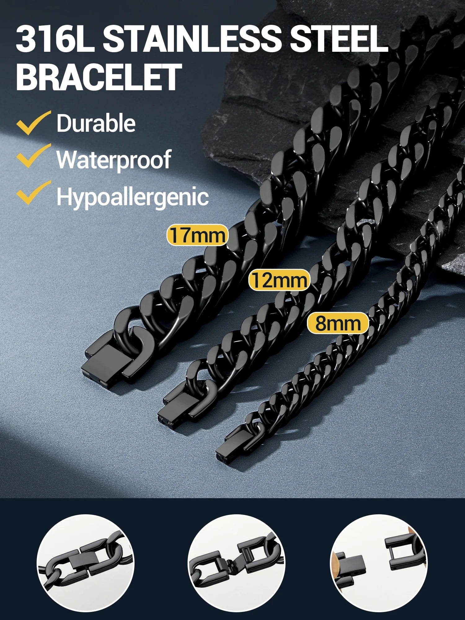 12Mm Cuban Chains Bracelets for Men Black Chunky Stainless Steel Franco Link Bracelet Father Day Hand Bracelet Jewelry Birthday Valentine Graduation Gifts 7.5 Inch