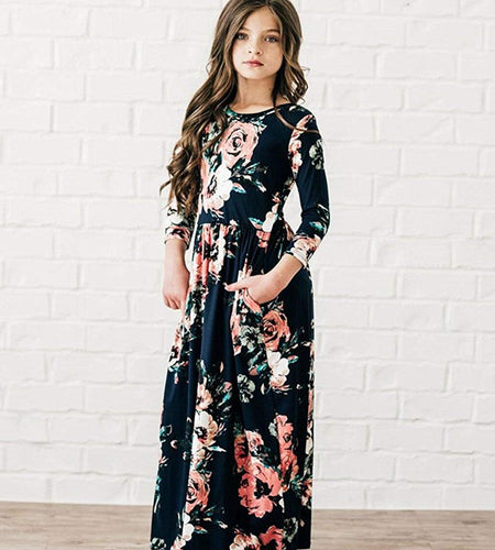 Girl Maxi Dress Floral Long Dresses with Pocket for Girls 6-12 Years
