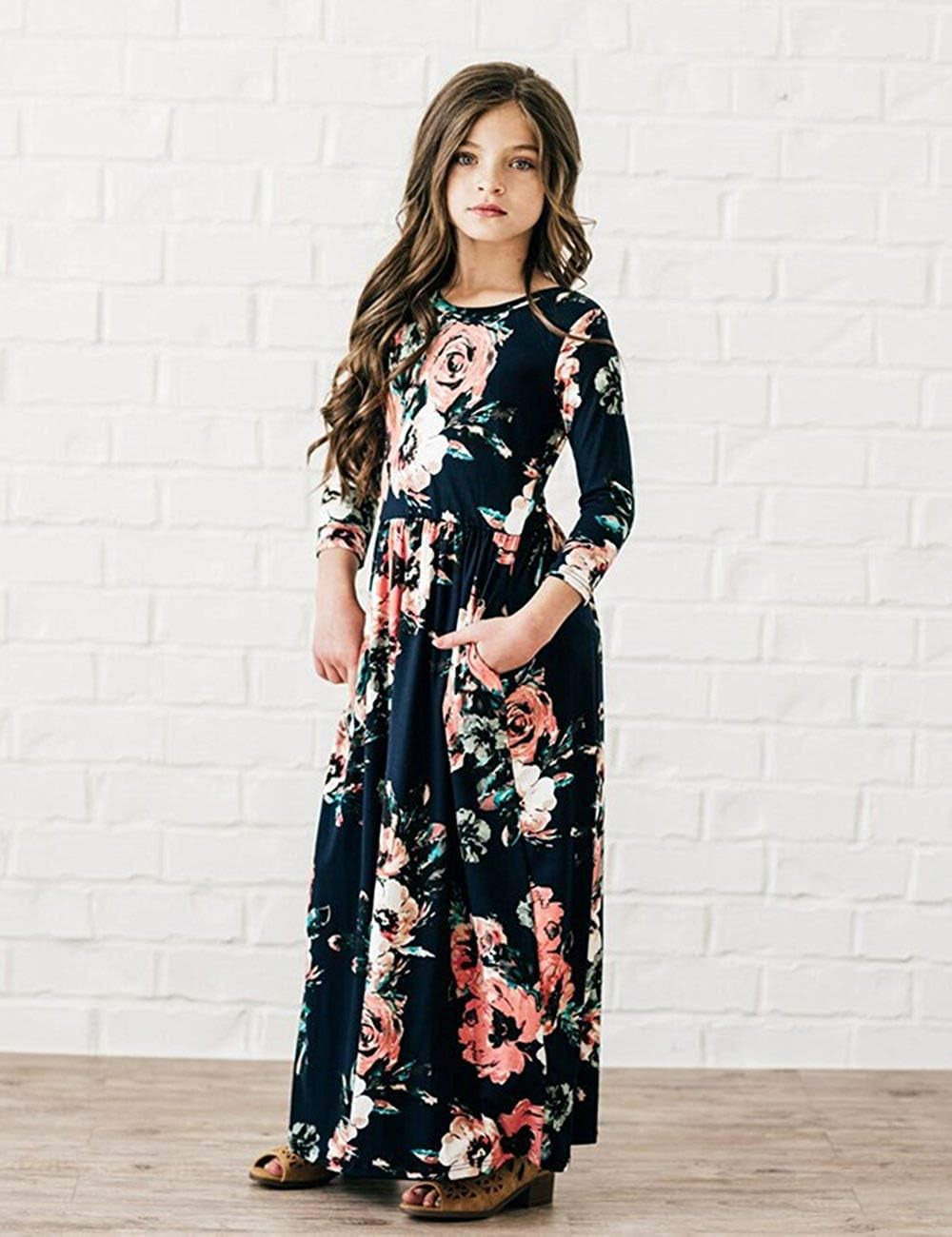 Girl Maxi Dress Floral Long Dresses with Pocket for Girls 6-12 Years