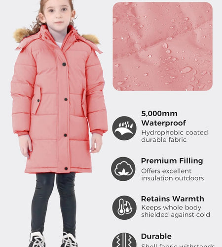 Girl'S Winter Jacket Long Puffer Coat Fleece Outerwear Jacket with Hood Water Resistant