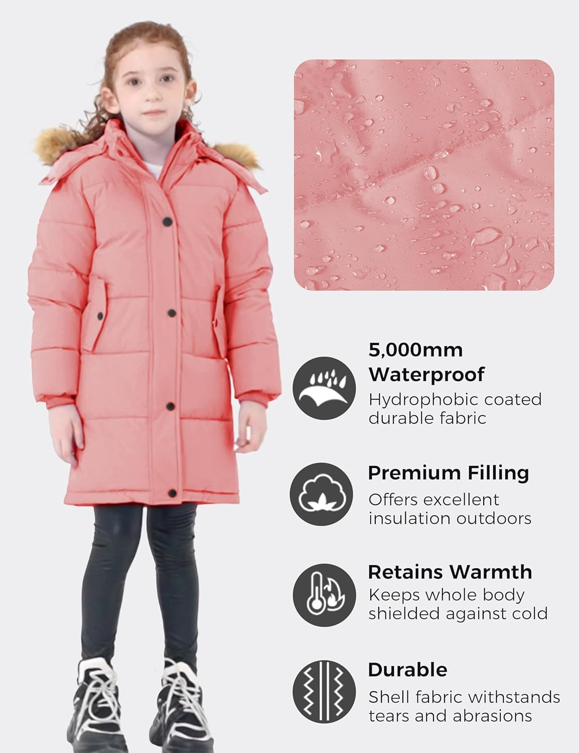 Girl'S Winter Jacket Long Puffer Coat Fleece Outerwear Jacket with Hood Water Resistant