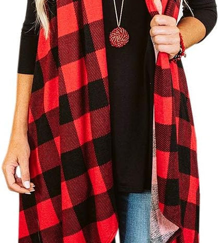 Womens Plaid Open Front Cardigan Sleeveless Drape Lightweight Vest Coat with Pockets
