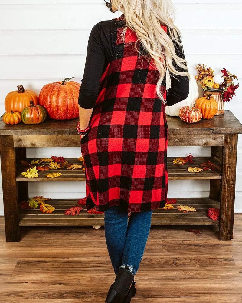 Womens Plaid Open Front Cardigan Sleeveless Drape Lightweight Vest Coat with Pockets